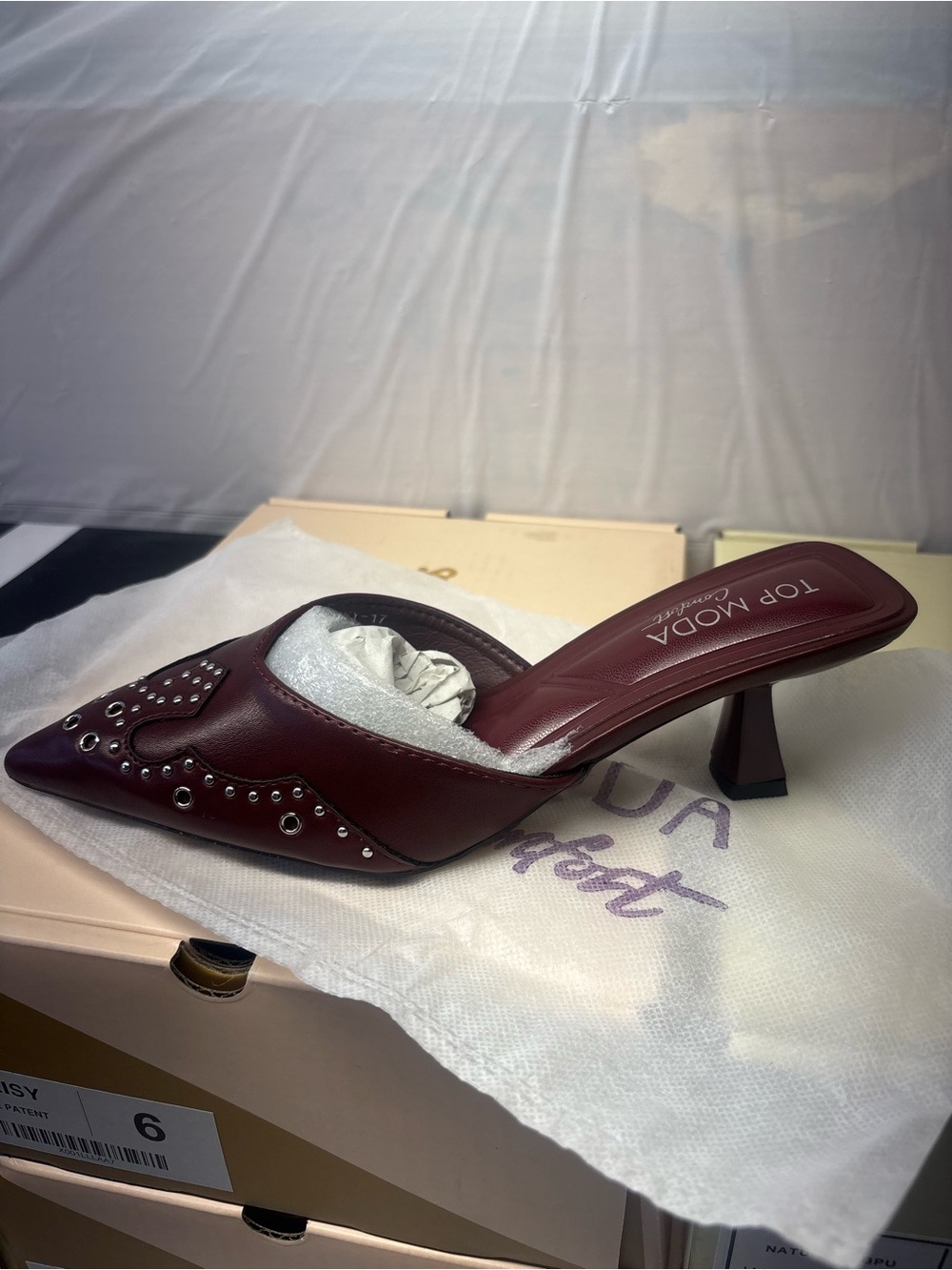 Top Moda Women's Burgundy Pointed-Toe Studded Mule Heel